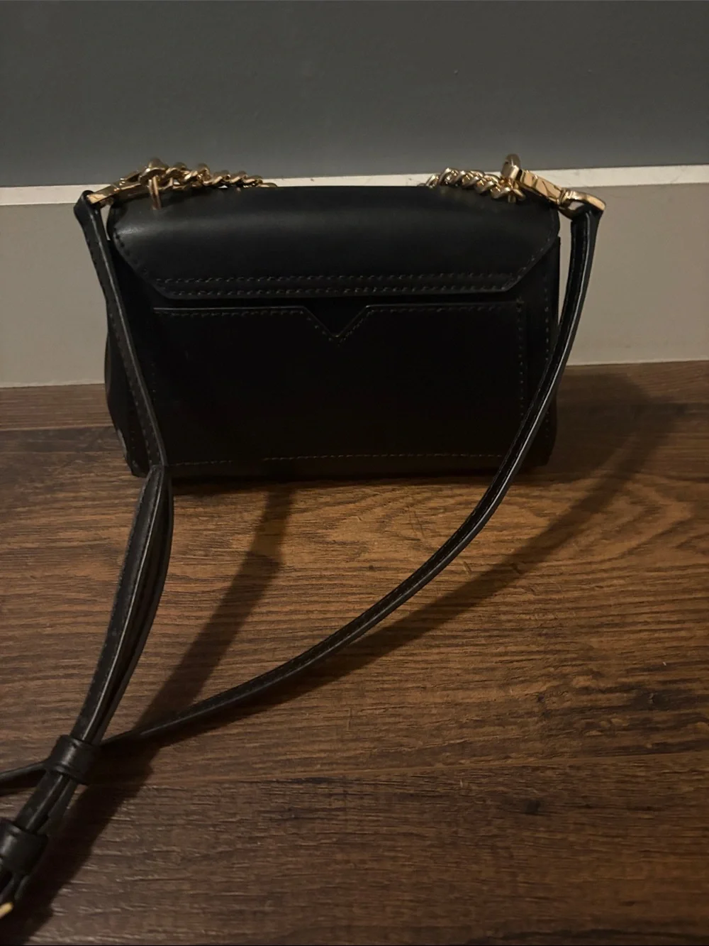 Michael Kors Black Leather Crossbody with Gold Chain and MK Charm